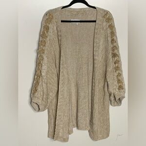 Anthropologie Beige Textured Cardigan One Size Balloon 3/4 Sleeves Oversized